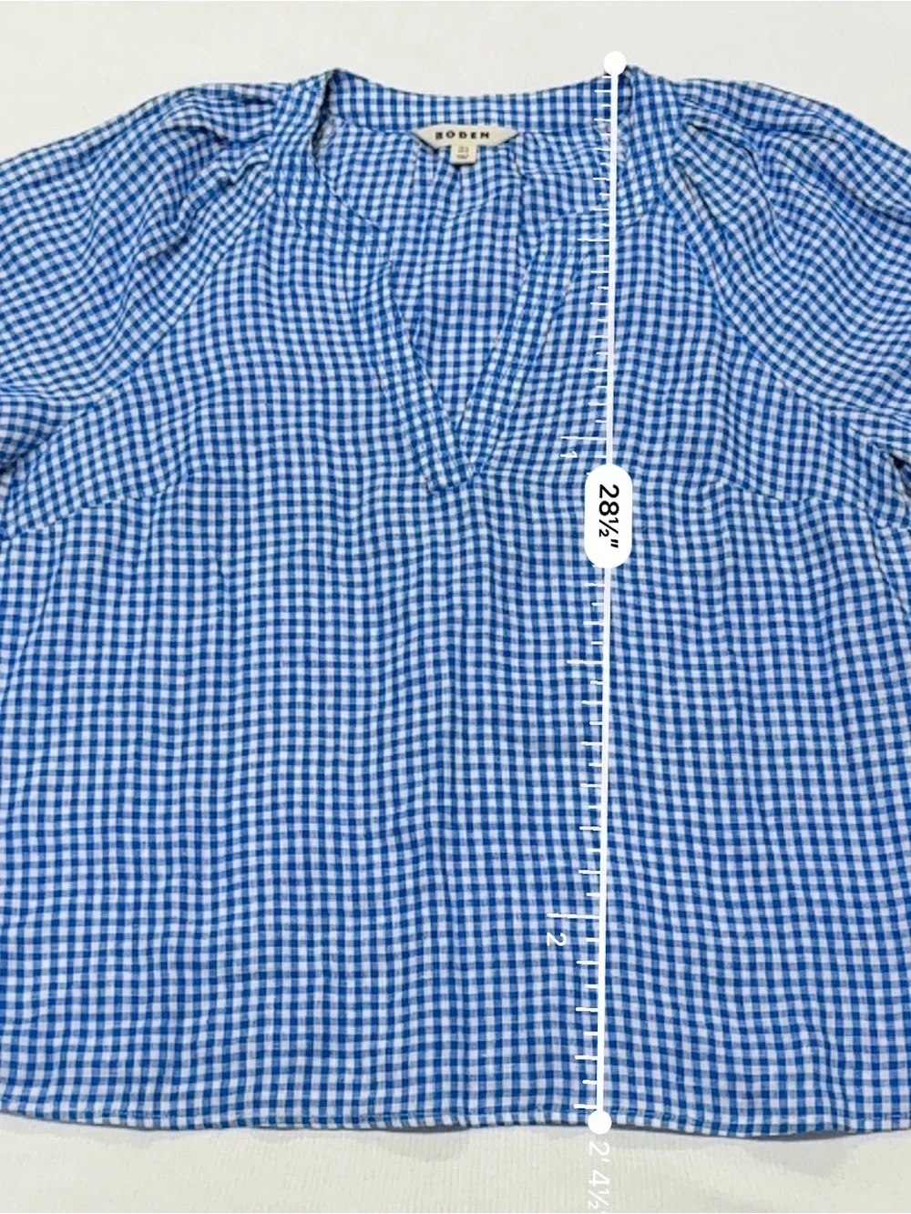 Boden 100% Linen Blue & White Gingham Puff-Sleeve Split-Neck Blouse